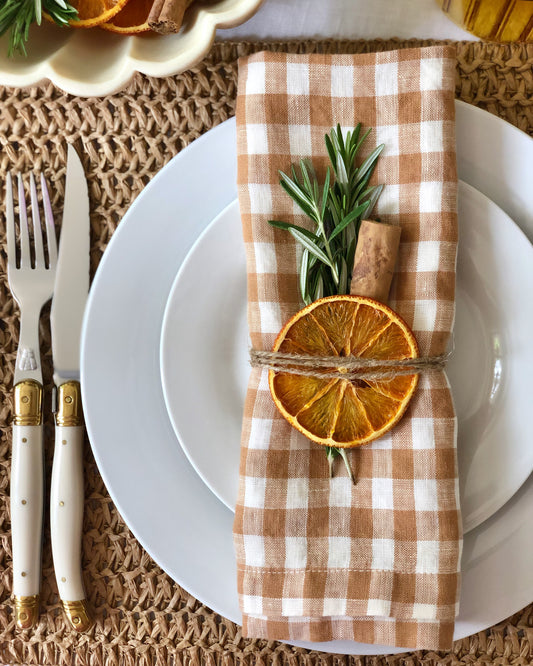 100% French Flax Linen Napkin (Set of 6) - Caramel Gingham