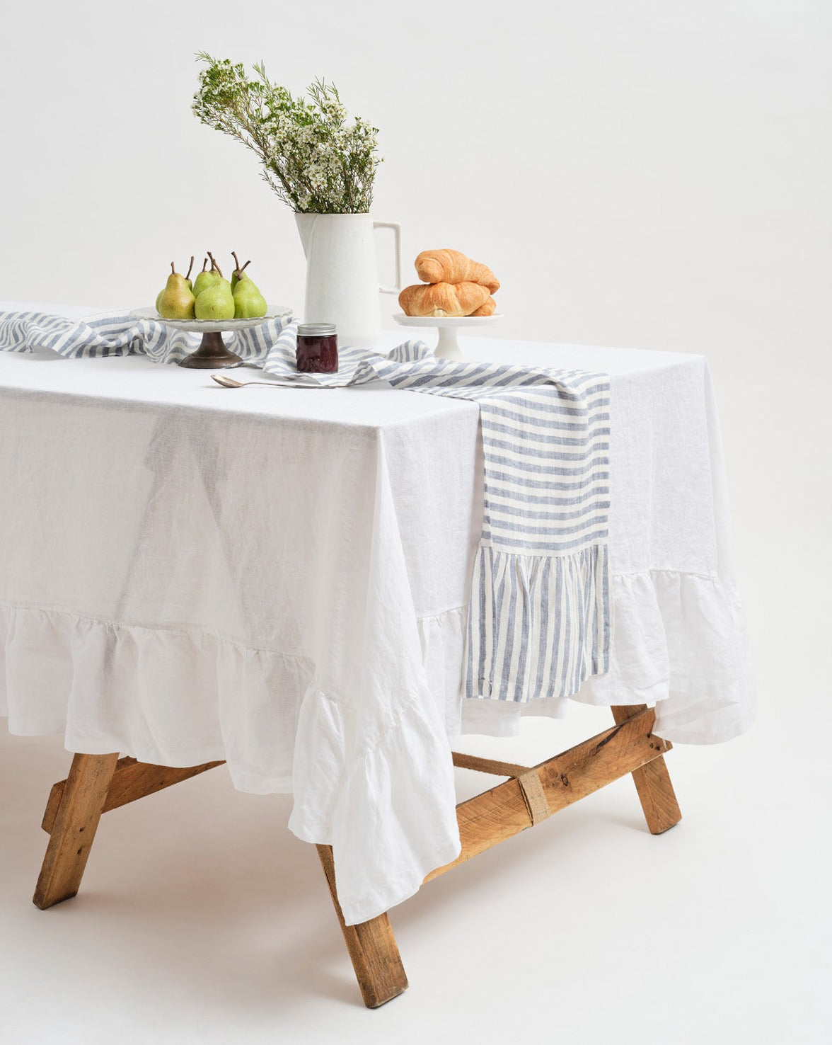 Inspired Table 100% French Linen Table Runner - Blue Stripe (with flounce)