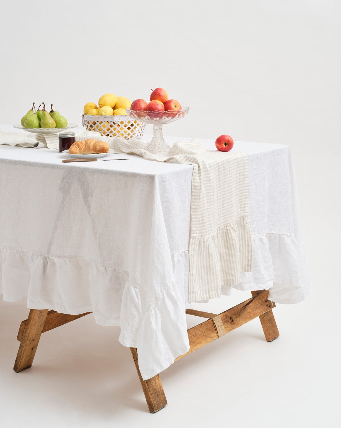 Inspired Table 100% French Linen Table Runner - Soft Grey Stripe (with flounce)