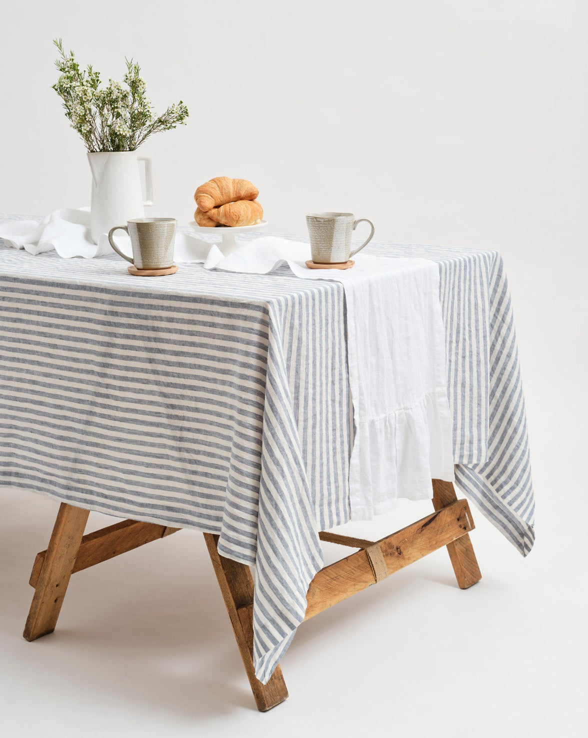 Inspired Table 100% French Linen Table Runner - White (with flounce)